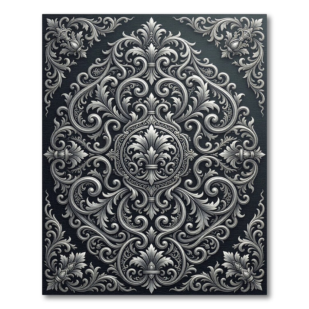 Ornate Silver Floral Scroll Rug