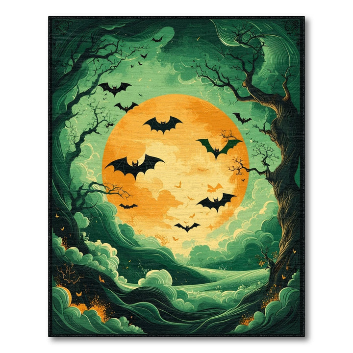 Bats Over Glowing Moon Green Area Rug