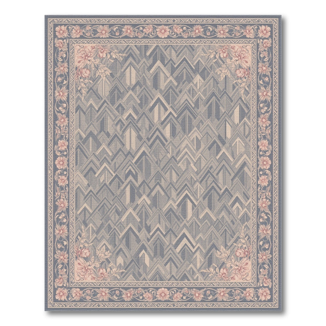 Blue Chevron Geometric Area Rug with Floral Border