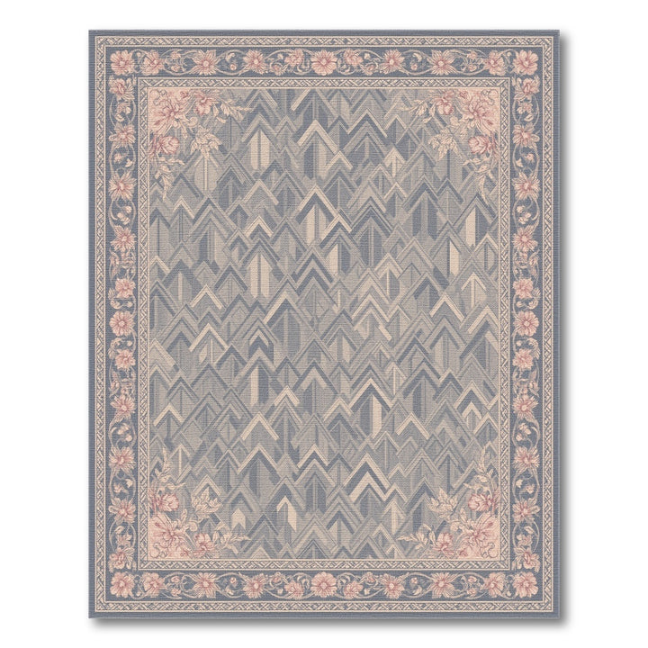 Blue Chevron Geometric Area Rug with Floral Border