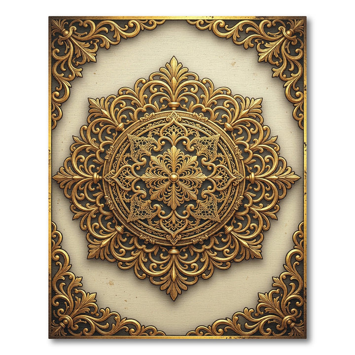 Ornate Golden Filigree Mandala Rug