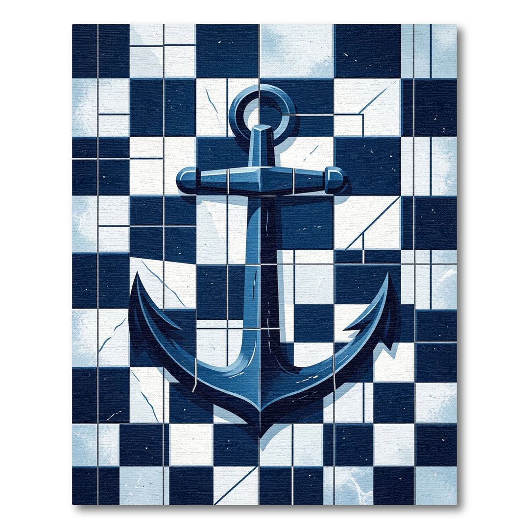 Dark Blue Nautical Anchor Checkered Rug