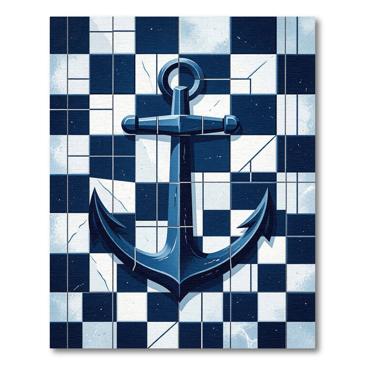 Dark Blue Nautical Anchor Checkered Rug