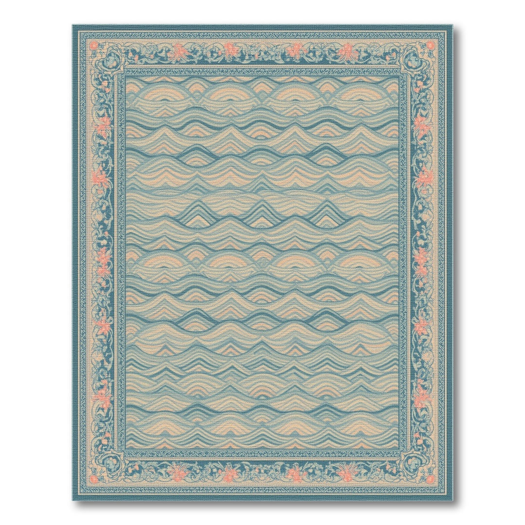 Blue Teal Wave Floral Vintage Area Rug