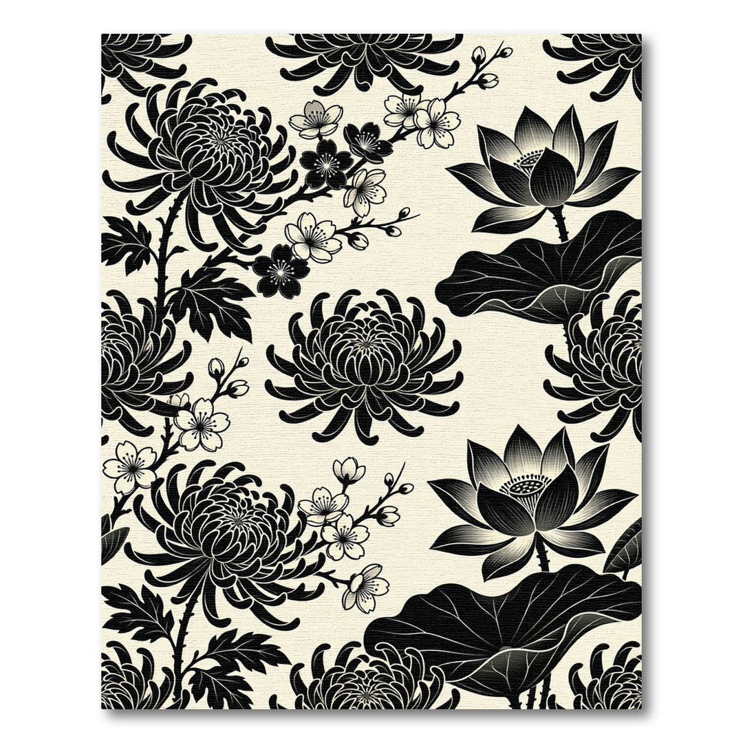 Black Chrysanthemum and Lotus Floral Rug