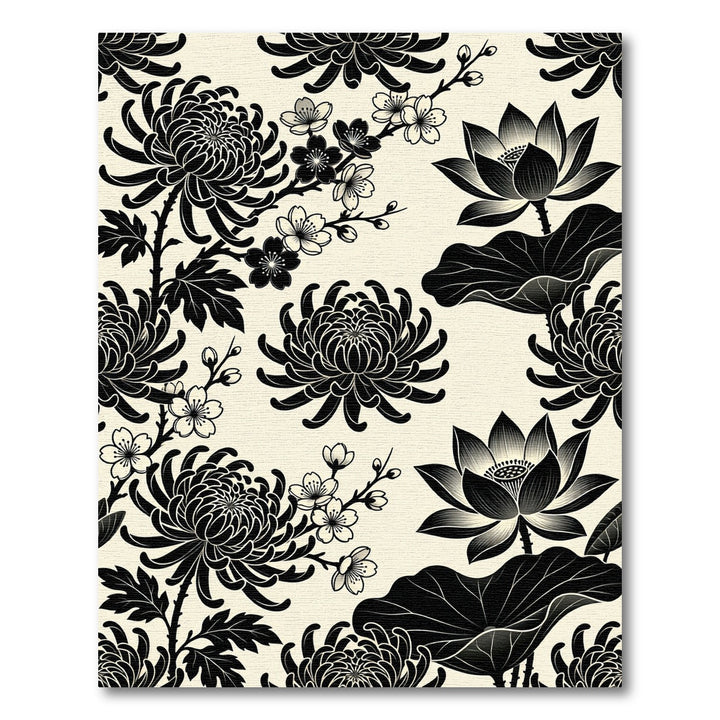 Black Chrysanthemum and Lotus Floral Rug