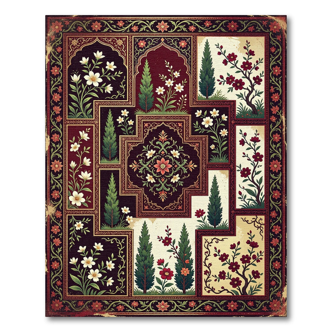 Exotic Red Floral Garden Inlay Art Rug