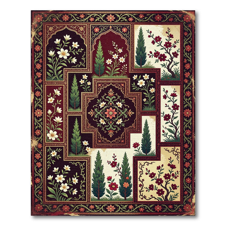 Exotic Red Floral Garden Inlay Art Rug