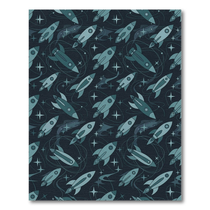 Retro Blue Mid Century Rocket Galaxy Rug