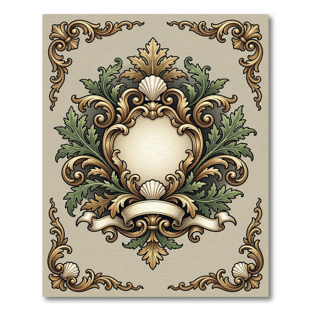 Ornate Gold Green Seashell Emblem Rug