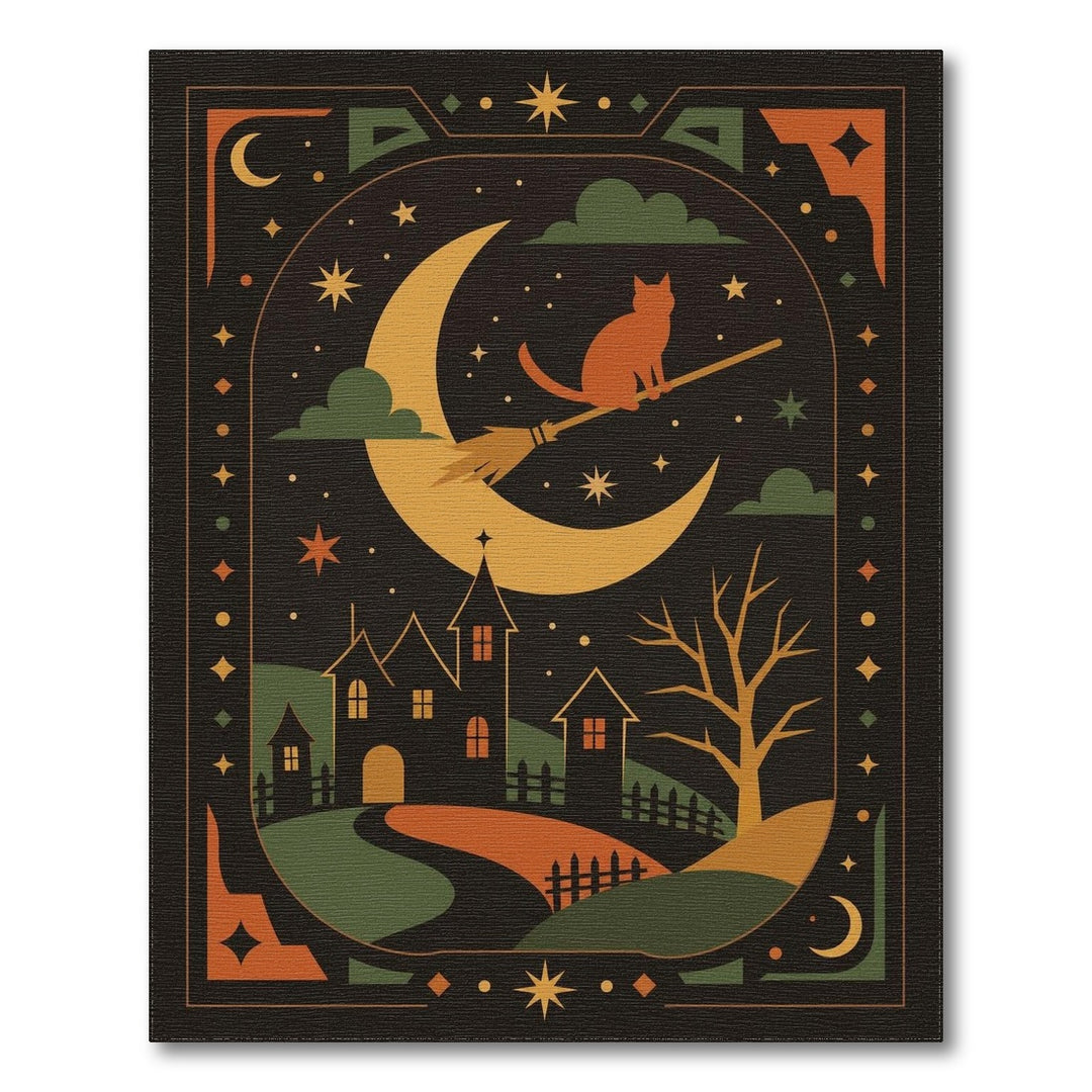 Witch Cat on Broom Halloween Area Rug