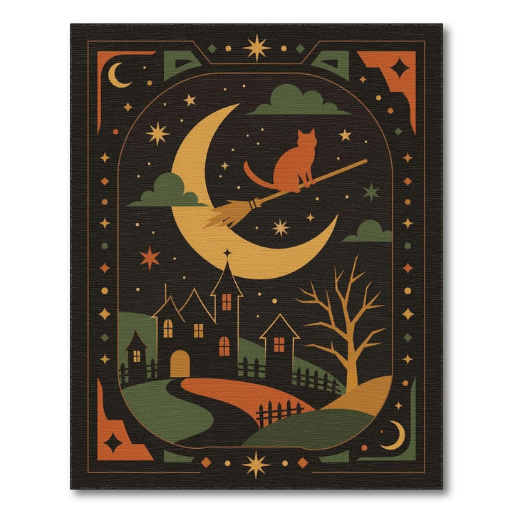 Witch Cat on Broom Halloween Area Rug