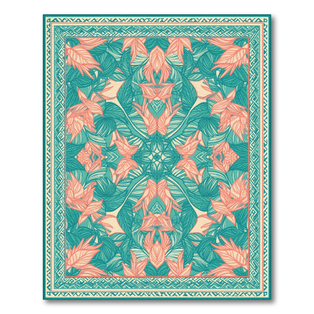 Teal Coral Leaf Botanical Area Rug