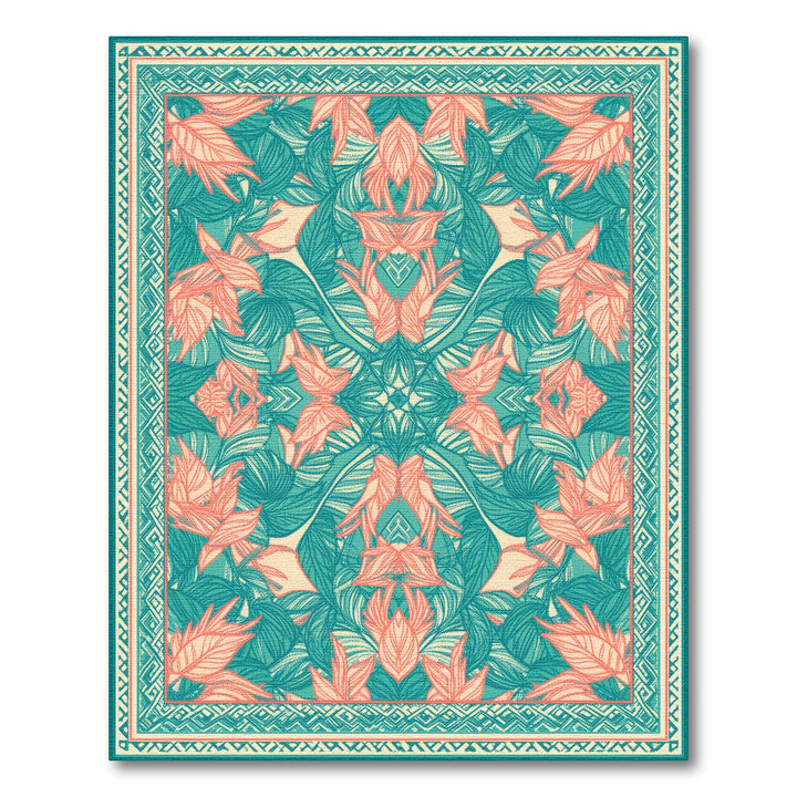 Teal Coral Leaf Botanical Area Rug