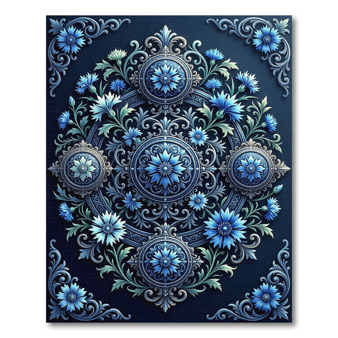 Ornate Blue Floral Scrollwork Medallion Rug