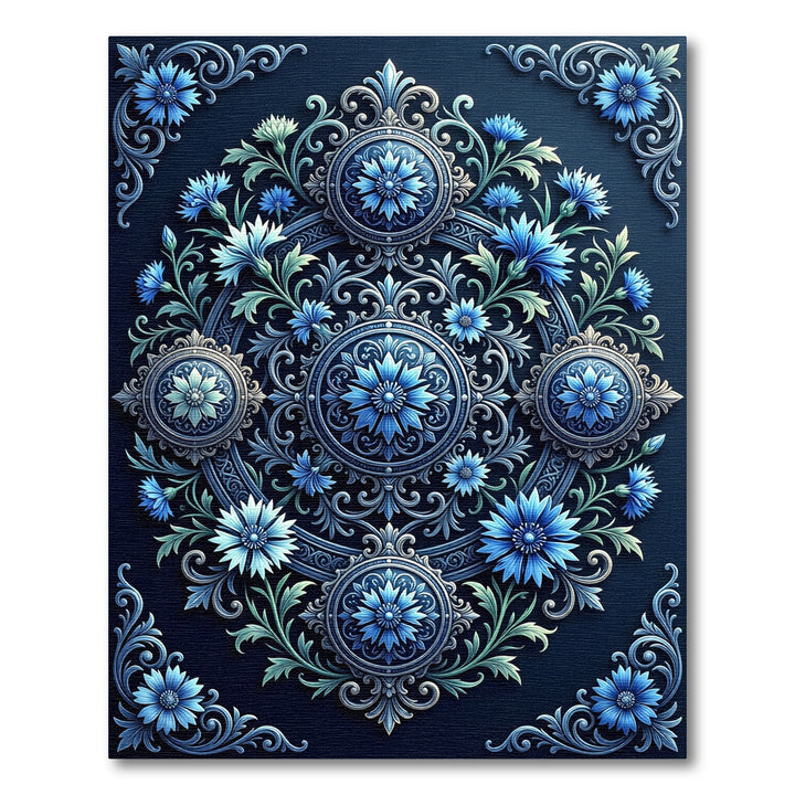 Ornate Blue Floral Scrollwork Medallion Rug