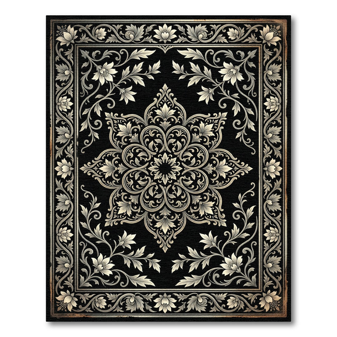 Vintage Black Floral Medallion Rug