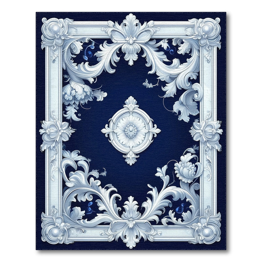 Navy Blue Floral Scrollwork Vintage Rug