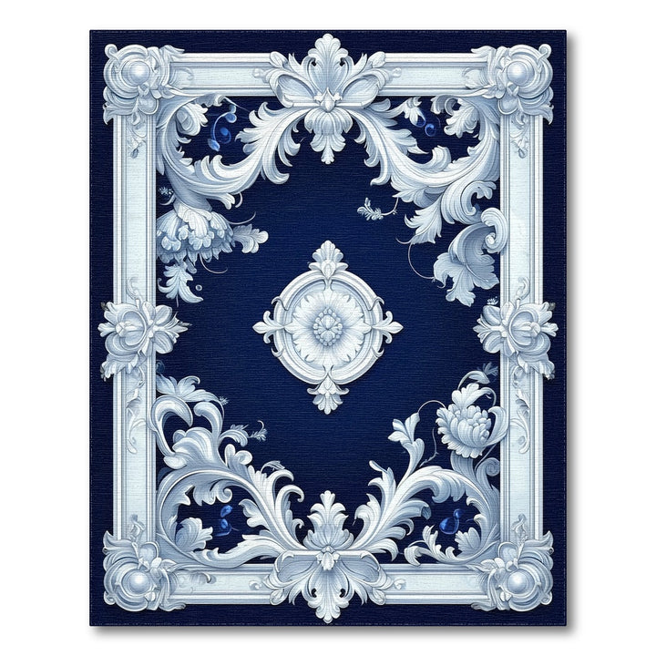 Navy Blue Floral Scrollwork Vintage Rug