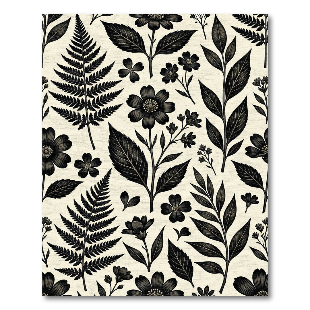 Black Botanical Ferns And Flowers Rug