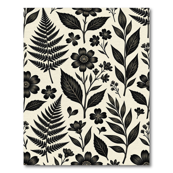 Black Botanical Ferns And Flowers Rug
