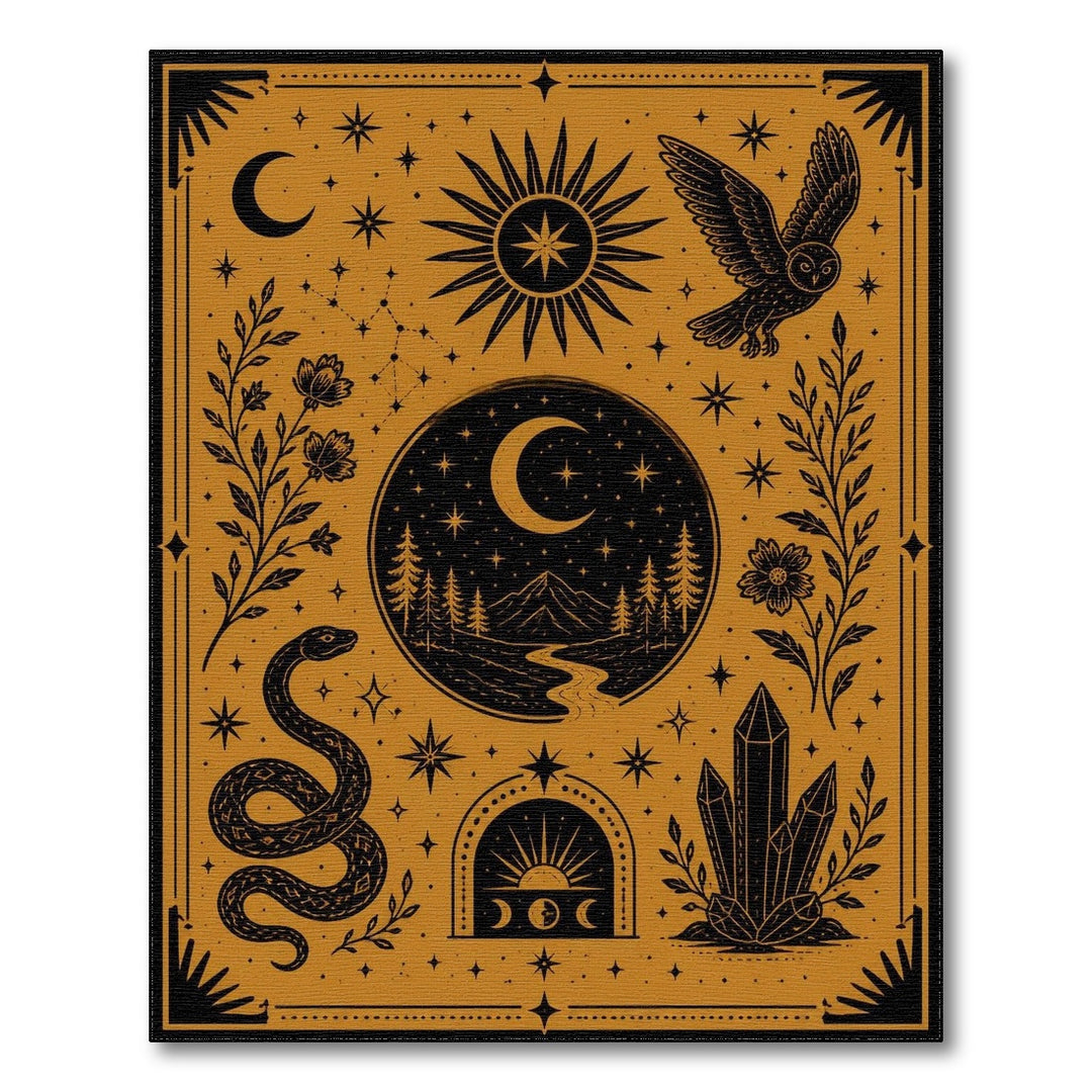 Celestial Boho Area Rug with Snake Owl and Moon