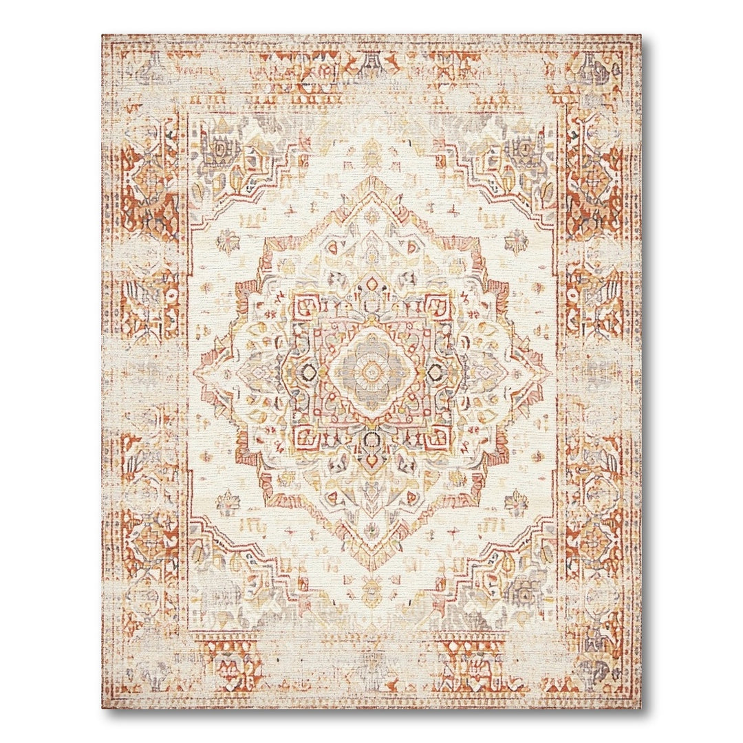 Beige and Neutral Distressed Vintage Beige Medallion Area Rug