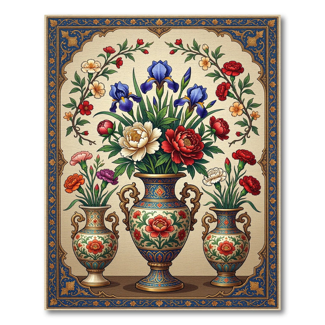 Ornate Blue Golden Floral Vase Composition Rug