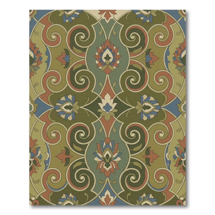 Olive Green Floral Swirl Medallion Rug