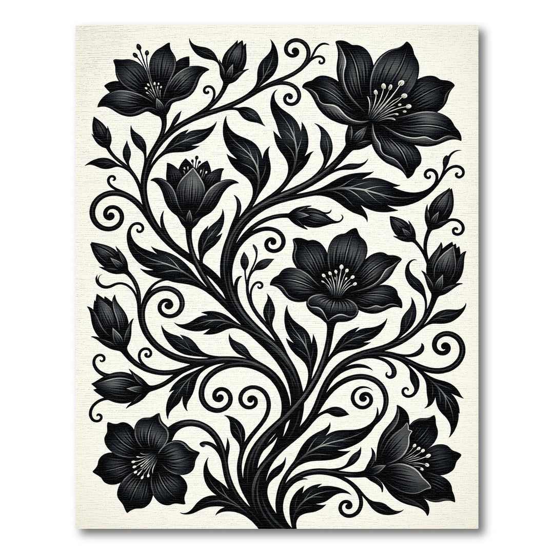 Black Floral Vine Scroll Rug