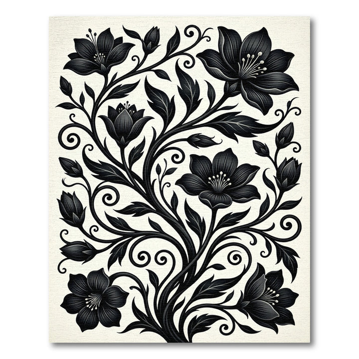 Black Floral Vine Scroll Rug