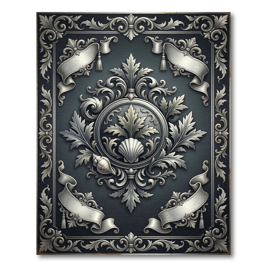 Ornate Silver Seashell Floral Medallions Rug