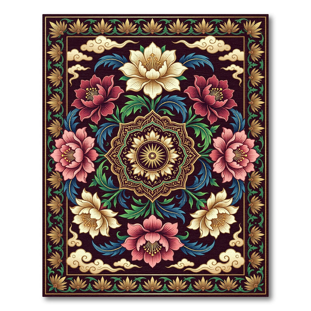 Ornate Floral Golden Medallion Rug