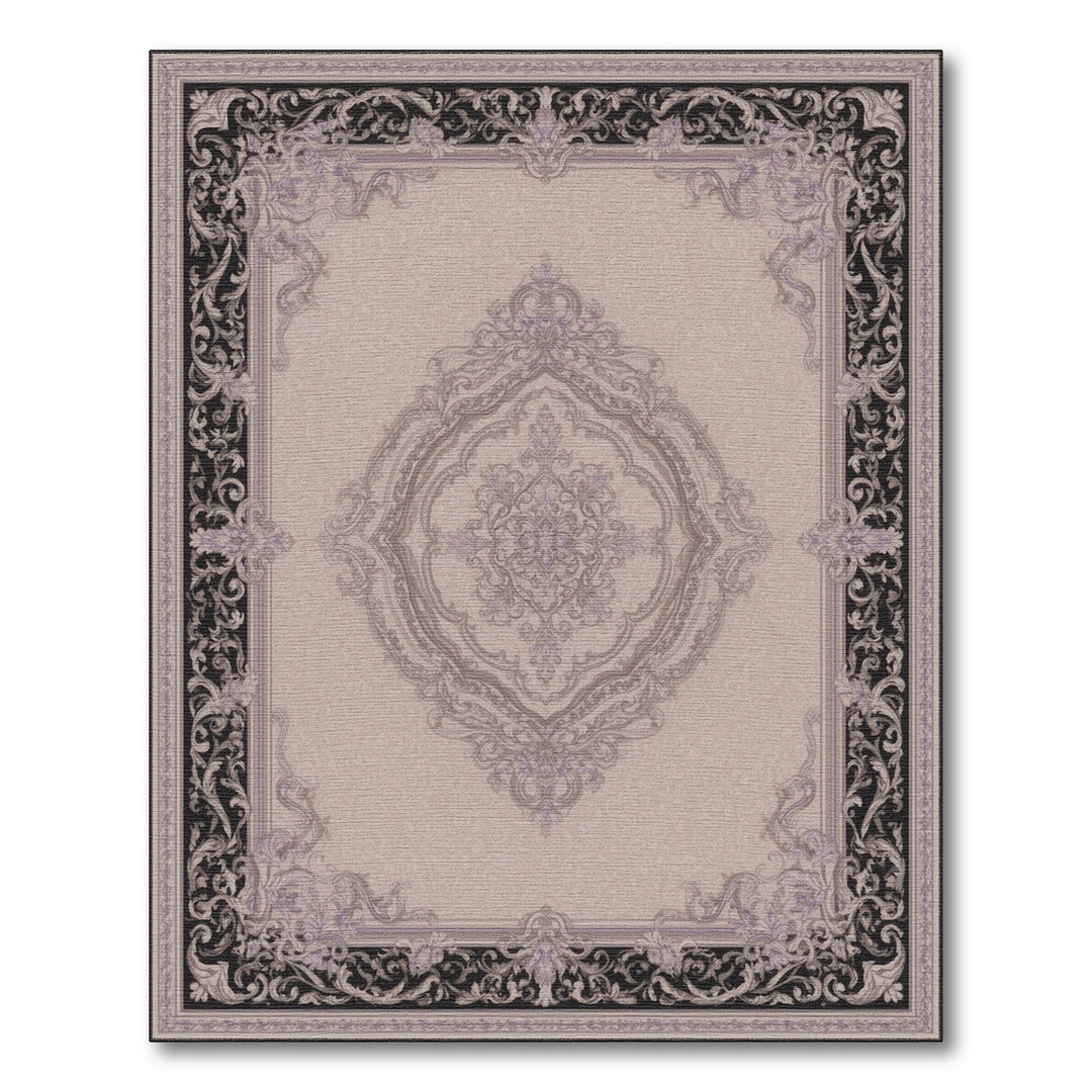 Ornate Floral Medallion Black Border Area Rug