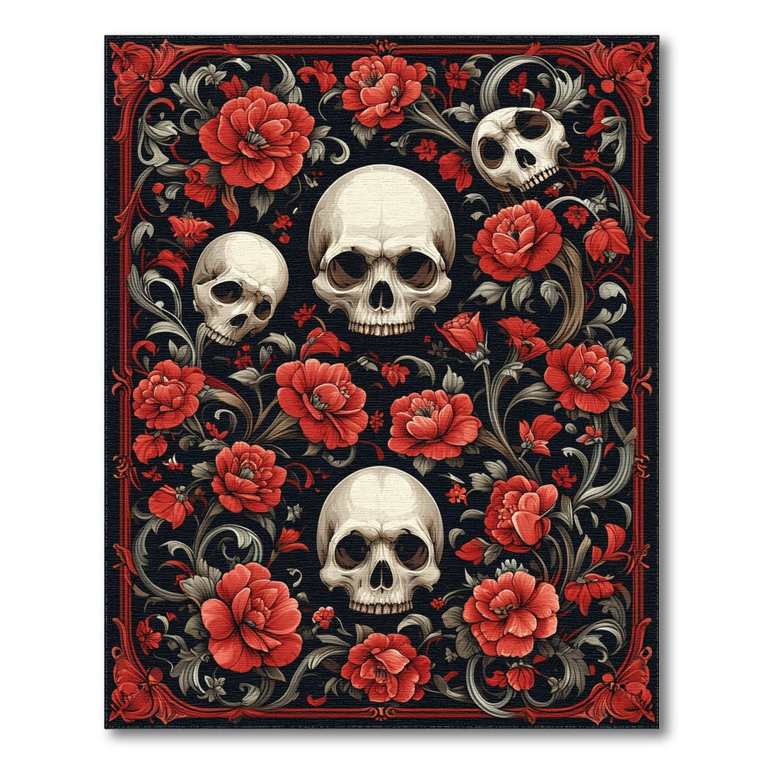 Gothic Skull Red Floral Area Rug