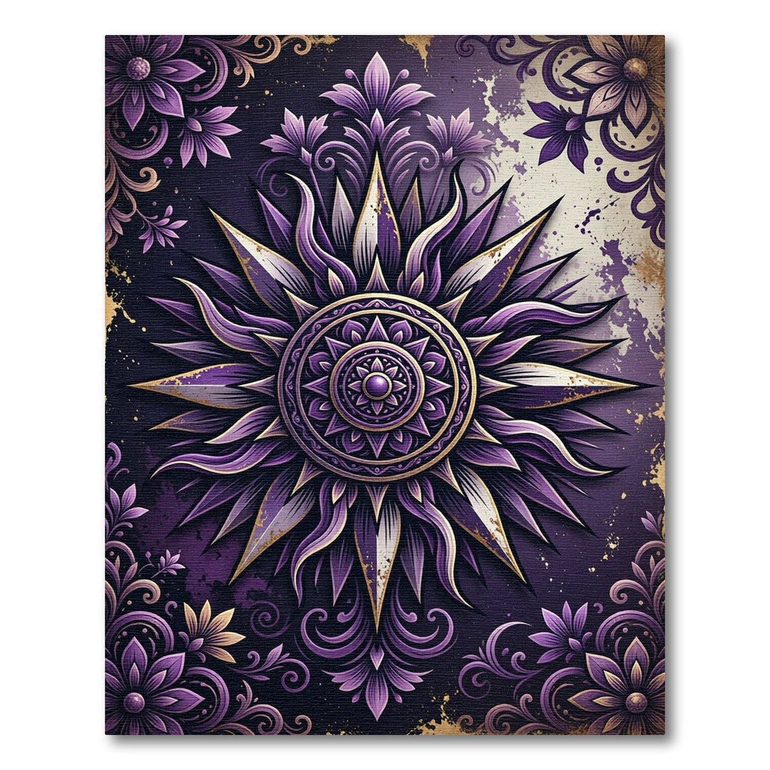 Ornate Purple Sunburst Mandala Rug