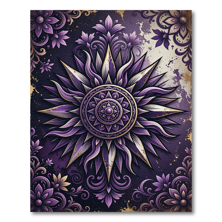 Ornate Purple Sunburst Mandala Rug