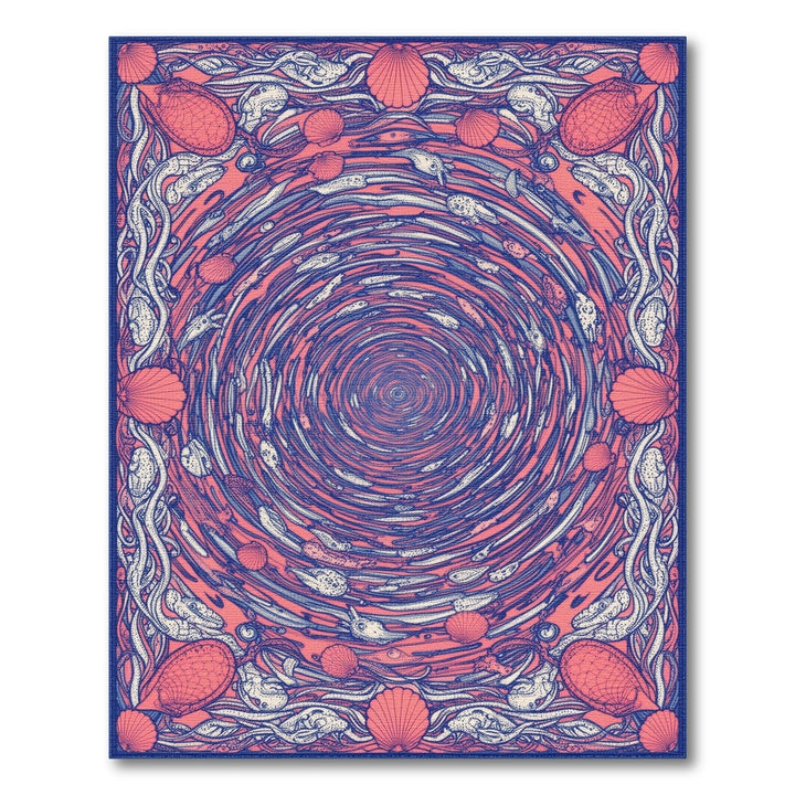 Red Swirling Fish Shells Washable Area Rug
