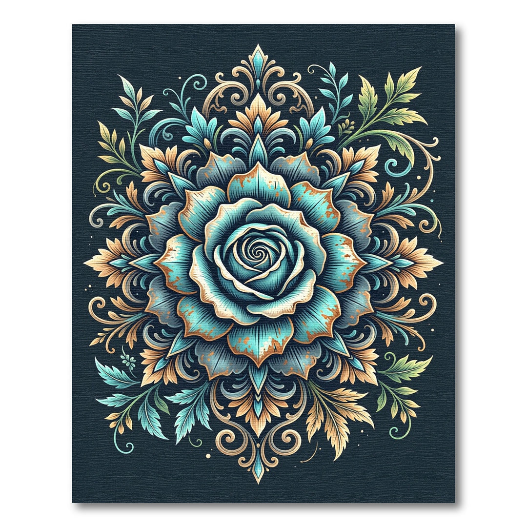 Teal Teal Rose Medallion Ornamental Rug