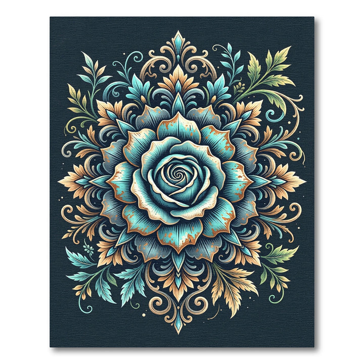 Teal Teal Rose Medallion Ornamental Rug