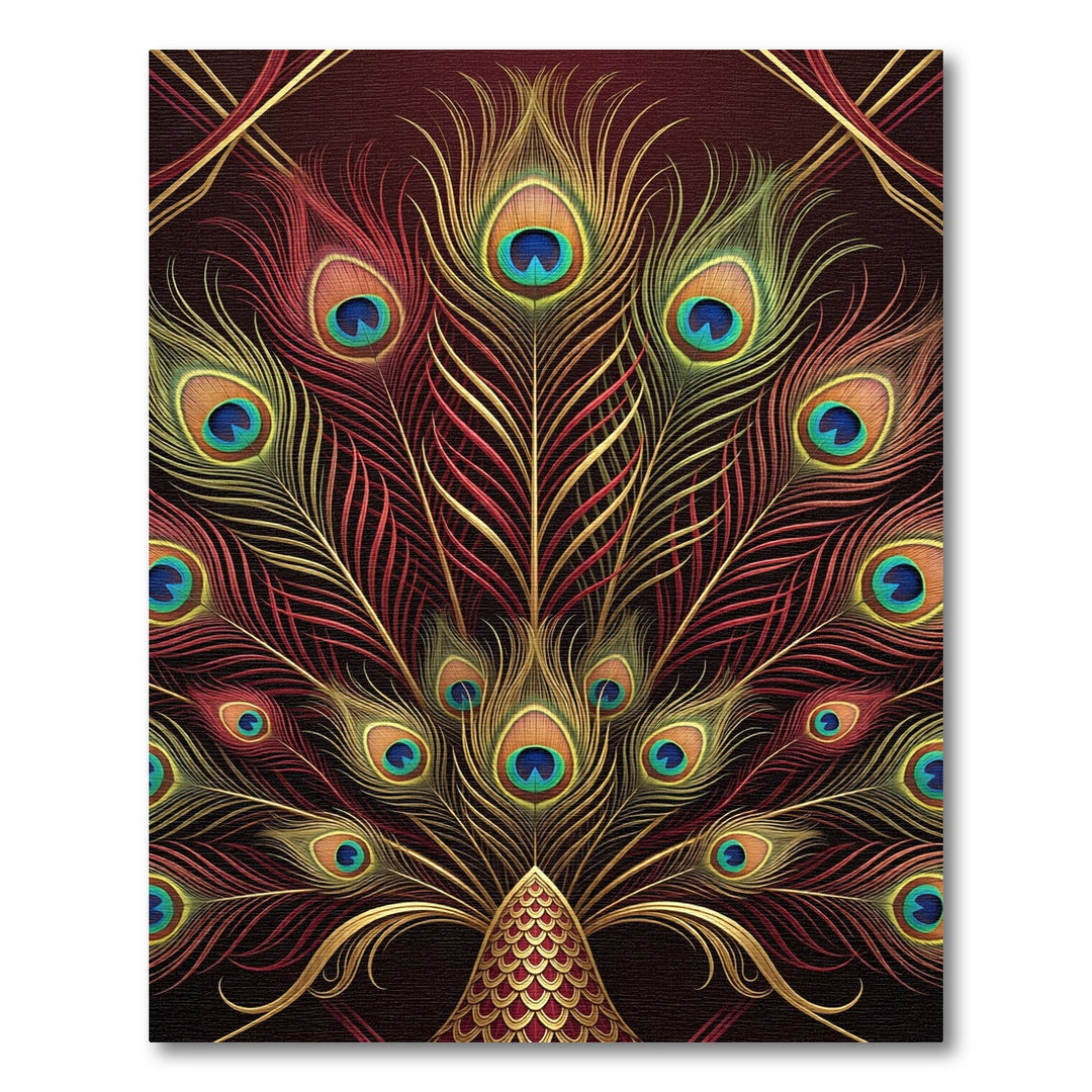 Rich Gold Red Peacock Feather Fan Rug