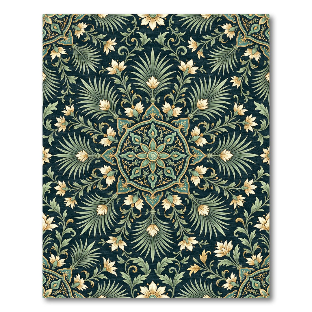 Deep Teal Floral Fern Mandala Rug