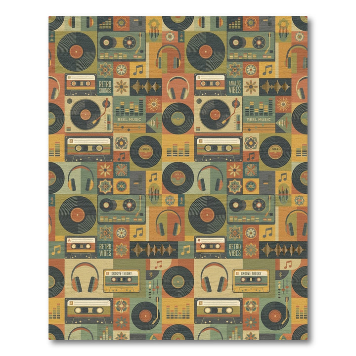 Retro Music Cassette Vinyl Headphone Collage Rug