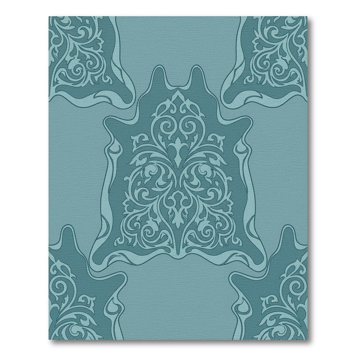 Teal Ornate Scrollwork Damask Medallion Rug