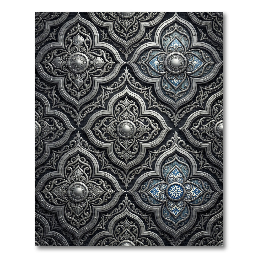 Ornate Silver Blue Floral Inlay Rug