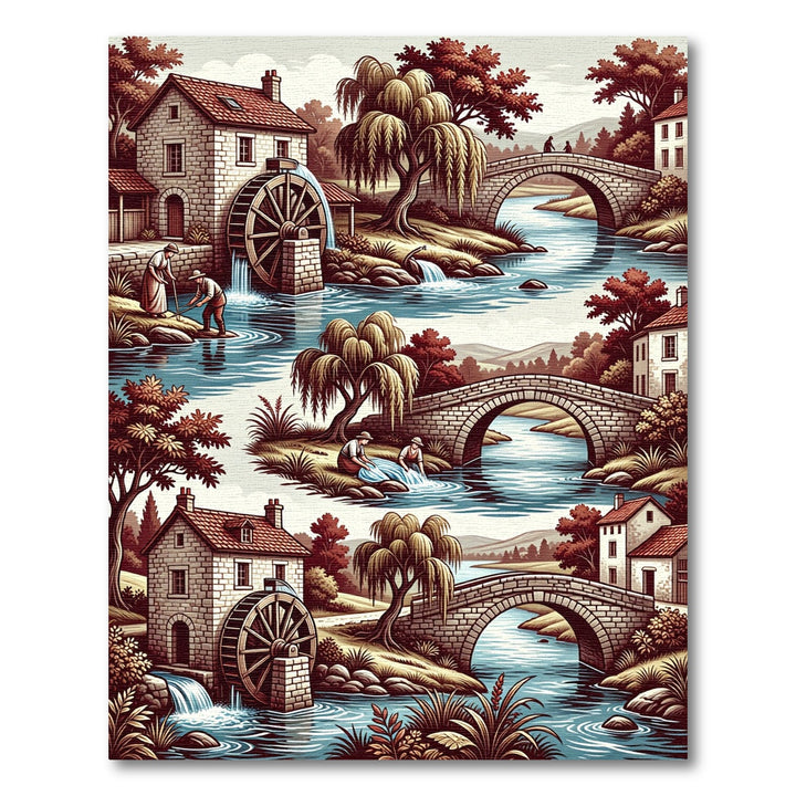 Rustic Watermill River Bridge Scene Rug
