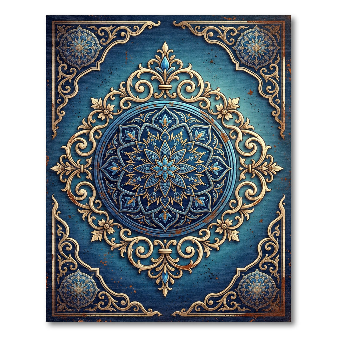 Elegant Blue Gold Mandala Rug
