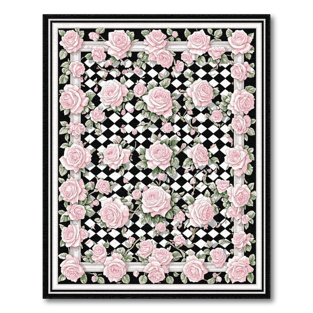 Pink Rose Trellis Checkered Area Rug