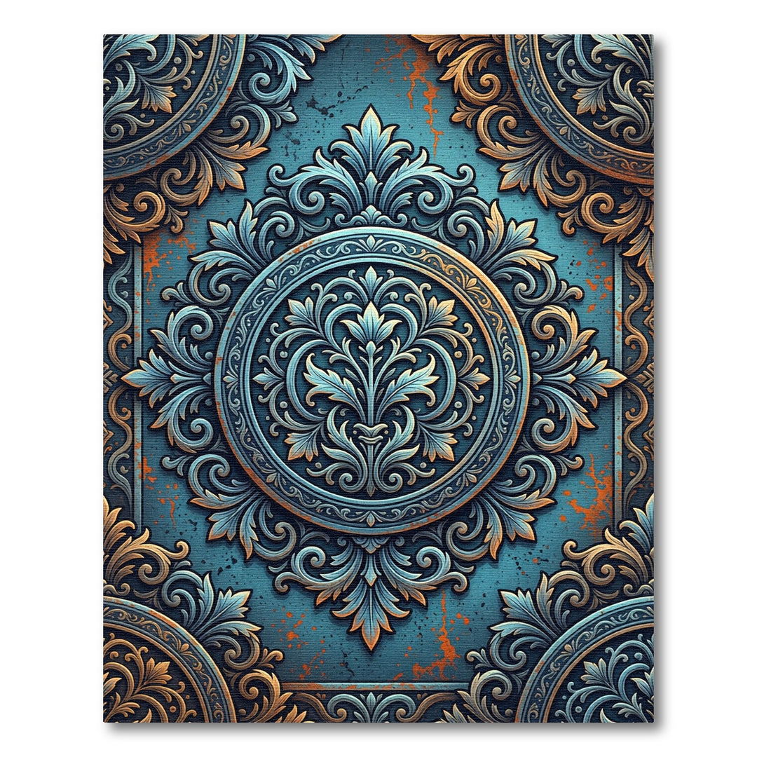 Ornate Teal And Gold Medallion Rug