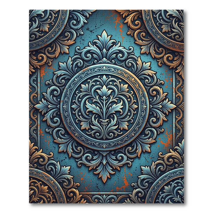 Ornate Teal And Gold Medallion Rug
